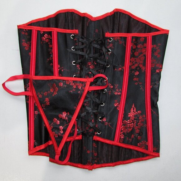 Black Red Asian Themed Boned Corset Set - NEW - Picture 6 of 7